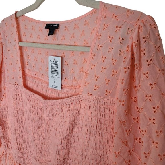 Torrid Womens 0X Peach 3/4 Sleeves Voile Eyelet Smocked Babydoll Blouse Top NWT - Picture 6 of 11